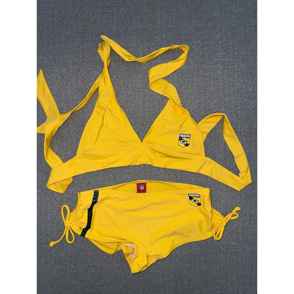 NFL Green Bay Packers Size M Bikini Set Yellow Halter Top Boy Short Bottoms